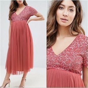 Maya Maternity Short Sleeve Sequin Tulle Midi Dress